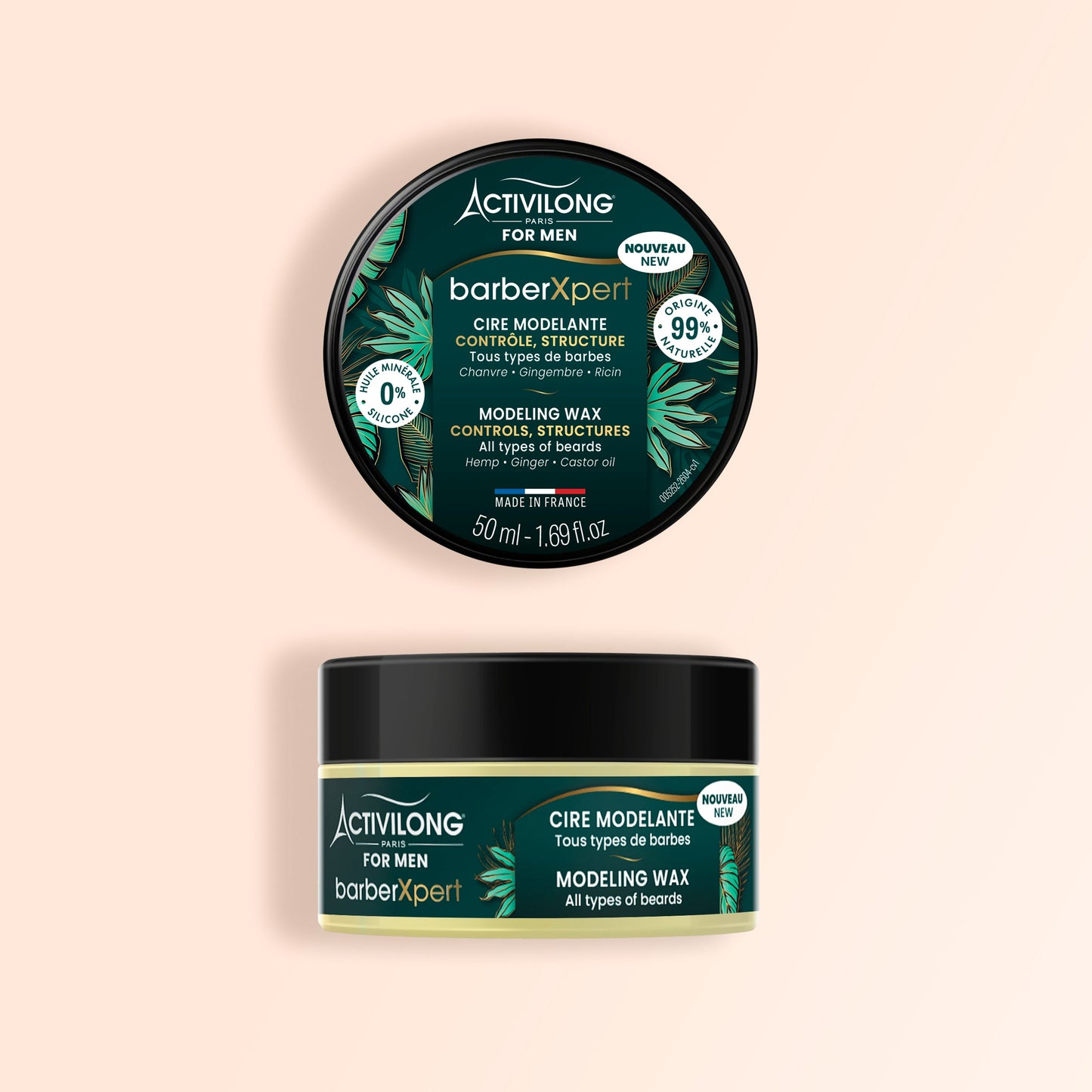 Pot cire barbe modelante BarberXpert Activilong For Men 50 ml, couvercle vert décoré de feuillage tropical. Sur fond crème